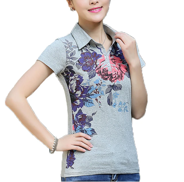 2017 Women T-shirt Summer Slim Short Sleeved Turn-down Collar Polo Shirt Eleagnt Ladies Flower Printing Big Size Tops S3768