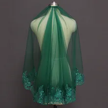 Зеленая короткая свадебная вуаль мусульманская Однослойная кружевная вуаль с блестками с расческой Вуаль свадебная фата