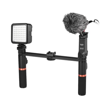 

Smartphone Video Rig Dual Handheld Metal Grip with Bluetooth Remote Control + Mini Microphone + Dimmable LED Light for iPhone