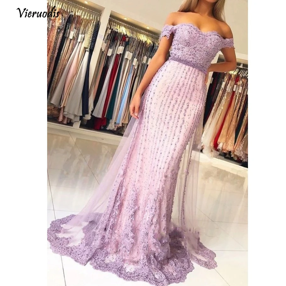 24-1                Pretty Lavender Pearls Lace Mermaid Evening Dresses Sweetheart Off Shoulder Beaded Long Prom Gowns Vestido Longo Abendkleider