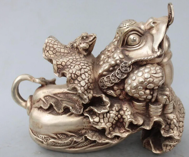 

10"Chinese Silver Wealth Money Jin Chan Gold Cicada Animal Cabbage Baicai Statue S0708 B0403