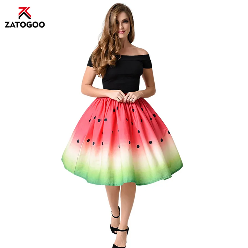 

Women Watermelon Cute Pleated Skirt Printed Elestic Waist A Line Tutu Dots Skirt Christmas Colorful Red Yellow Blue Green White