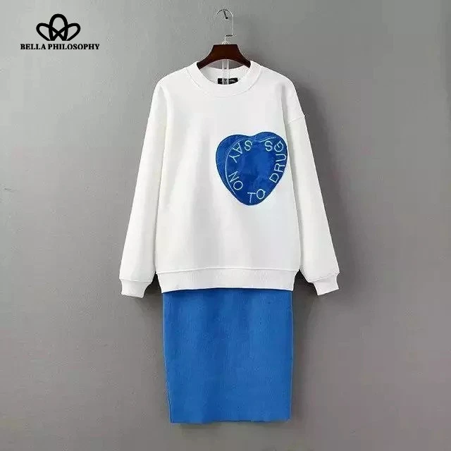 Bella Philosophy/ г. Весенний брендовый дизайн, толстовка с капюшоном и принтом в виде сердца, вязаный свитер, юбка комплект из 2 предметов, розовый, синий - Цвет: Синий