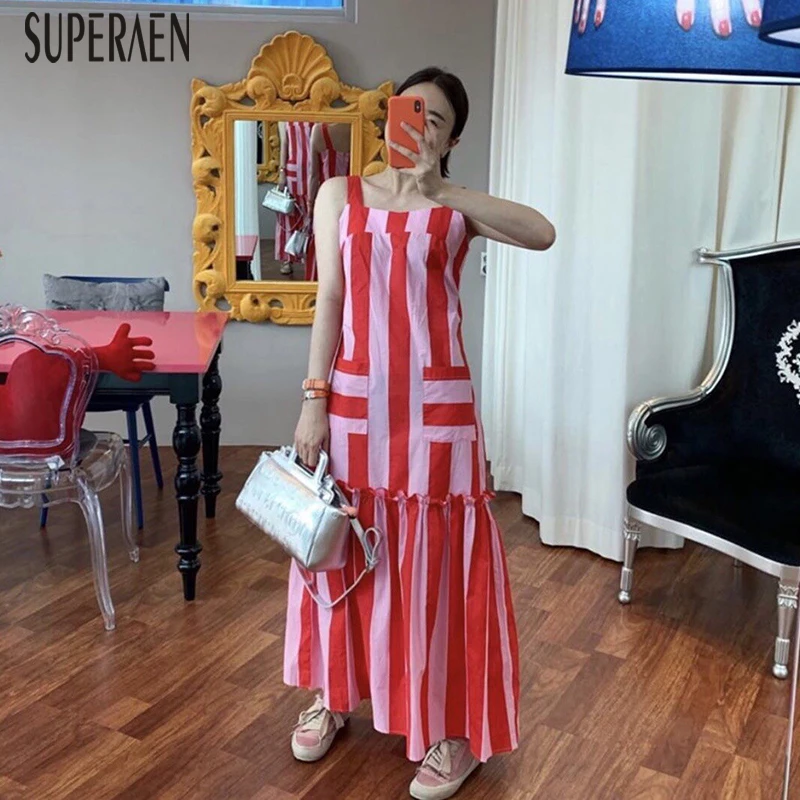 

SuperAen Korean Style 2019 Summer New Sleeveless Dress Women Cotton Fashion Casual Ladies Dress Stripes Ruffled Women Clothing