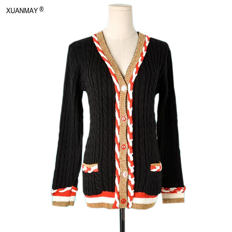 Autumn Women's Button Cardigan Sweater Brand Design Loose Casual Sweater coat Black Pocket Knit Cardigan Sweater Women