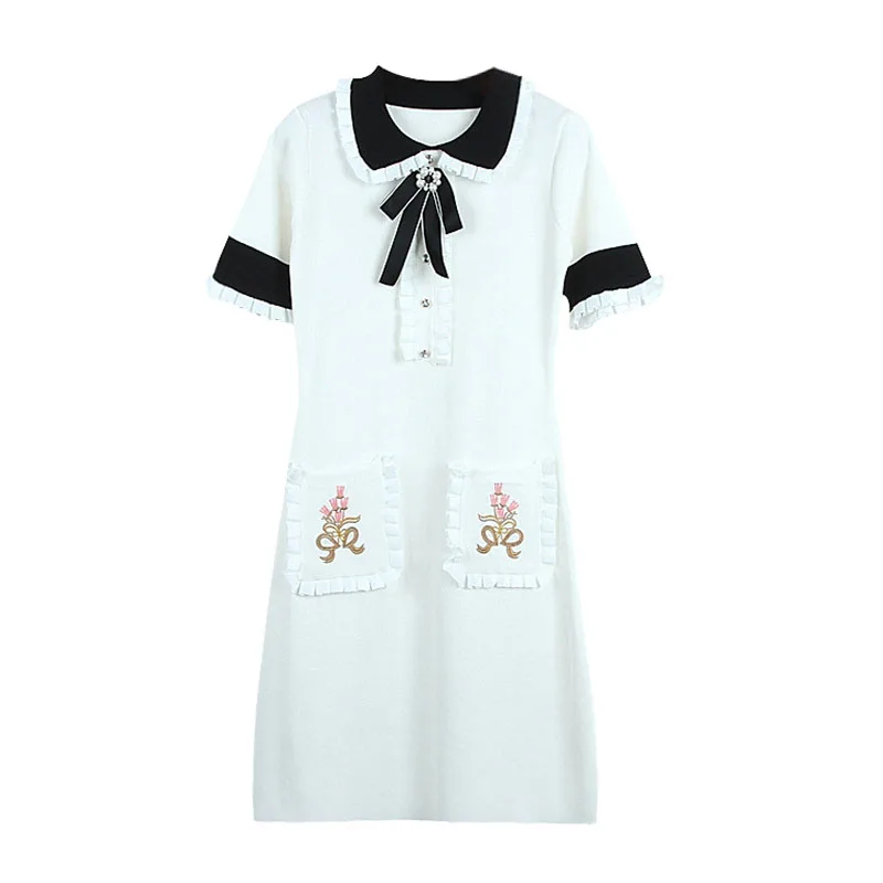 

PERHAPS U black white peter pan collar bow embroidery vintage elegant fit and flare D1134