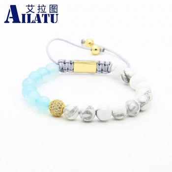 

Ailatu Womens Jewelry Wholesale 10pcs/lot 8mm Natural White Howlite Marble and Blue Stone Clear Cz Beads Macrame Bracelet