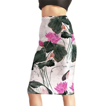 

New Chinese Style Lotus Print Skirts Women High Waist Knee Length Polyester Tight Skirt Womens Sexy Plus Size Package Hip Skits