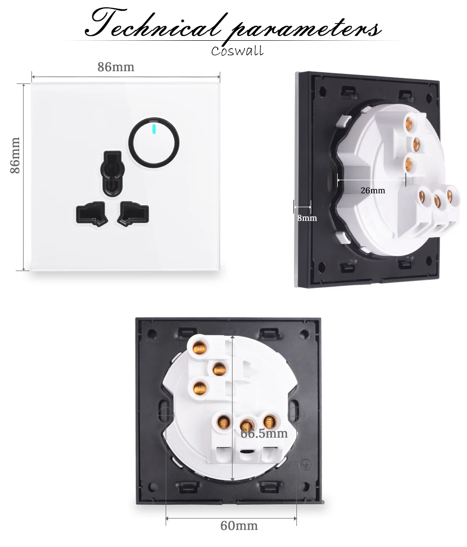 Painel de Vidro Através de Ligar Interruptor de Luz Comutada com Indicador Universal + 1 Coswall Tomada Gang Passagem - Desligar Led 2 Way 17 Coswall painel de vidro tomada universal +