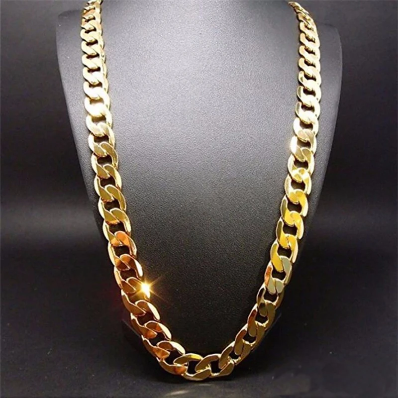 Collar de cadena cubana hombre, joyería chapada en oro puro de 24k, cadena de eslabones pesados de 10mm, 55/60/65/70CM de largo _ - AliExpress