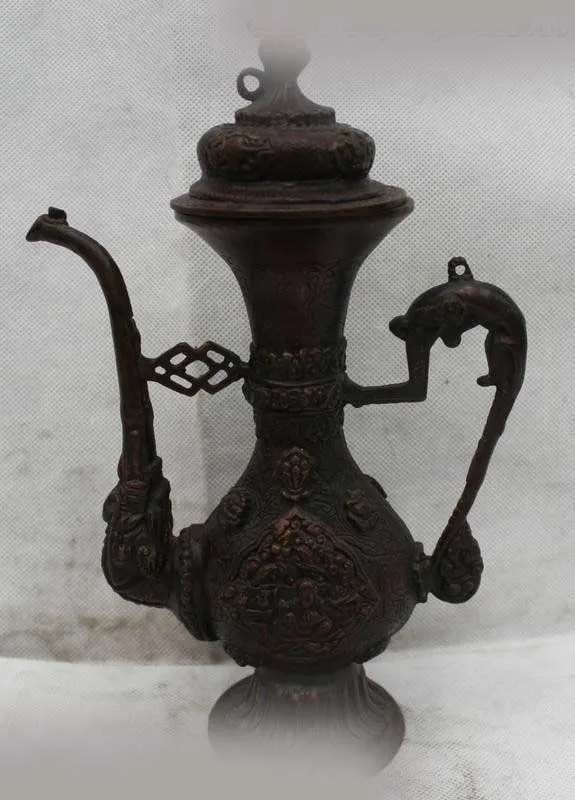 

11"China Chinese Folk Bronze Lucky Dragon head kettle water jug Statue