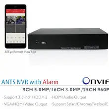 ANTS 9CH 5MP, 16CH 3MP, 25CH 960P Onvif NVR with AEEye Smartphone live view and playback App, 2CH Alarm in and 1CH Alarm out