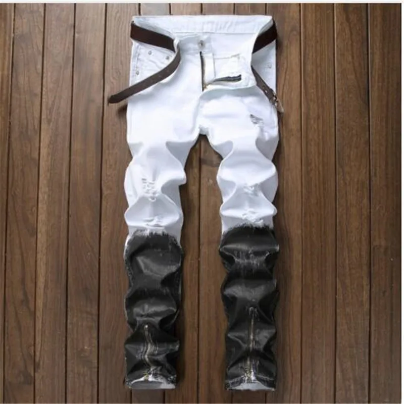 

2018 Fashion Brand Mens Jeans Straight Ripped Jeans For Men Zipper Fly Denim Jeans Men Fashion Designer Pants Black White Jean