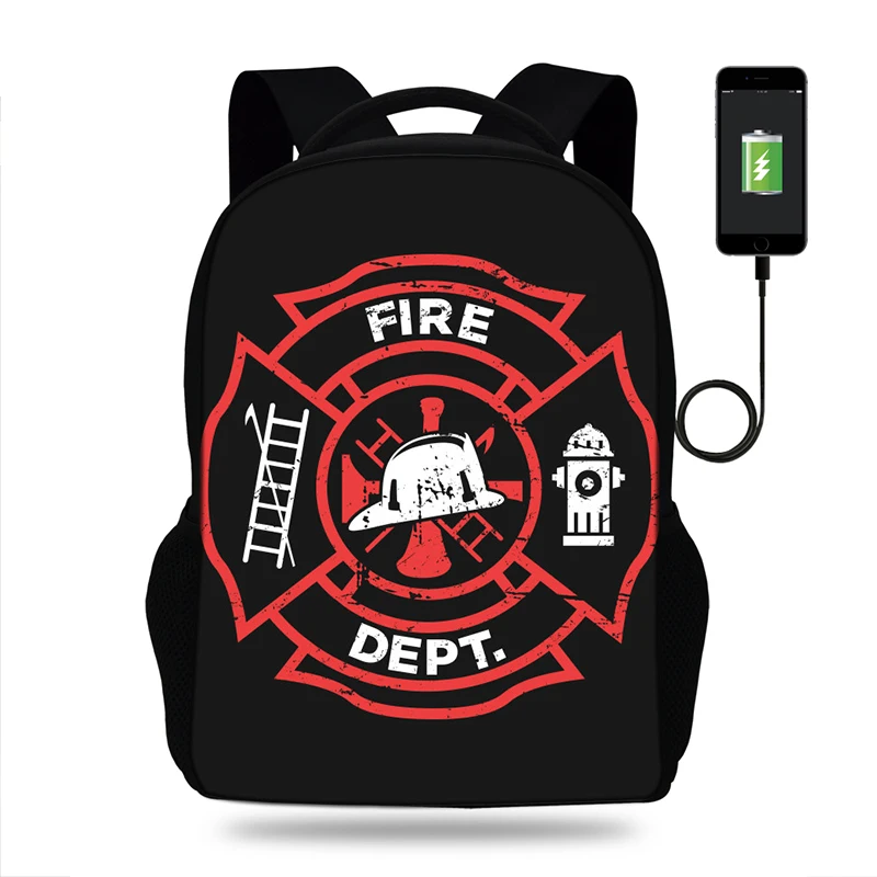 

Mens Usb Charging backpack Firefighter Logo School bags Notebook Unisex computer Rescue Axes Fire backpack for Teenage Boys