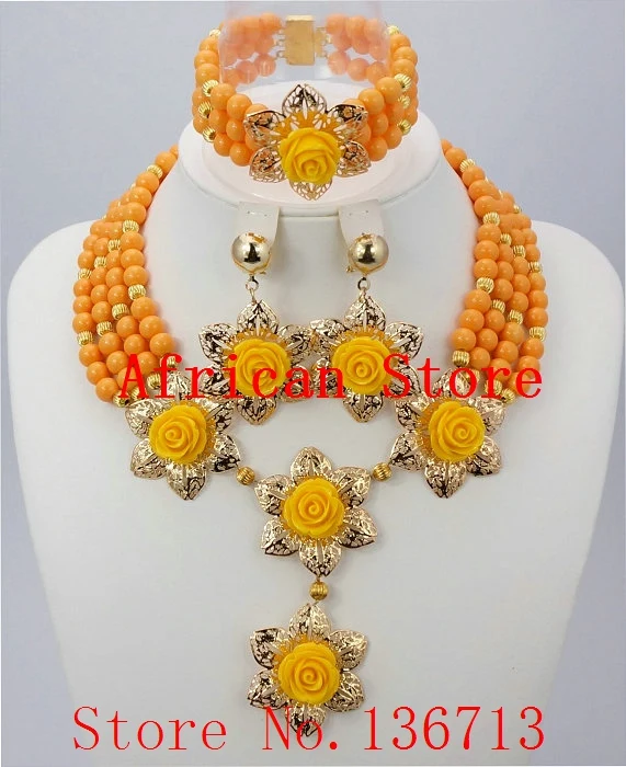 Изумительный оранжевый Африканский бисер ювелирный набор нигерийские бусы ожерелье Дубай ювелирные наборы Новинка BS201-2 - Окраска металла: 9