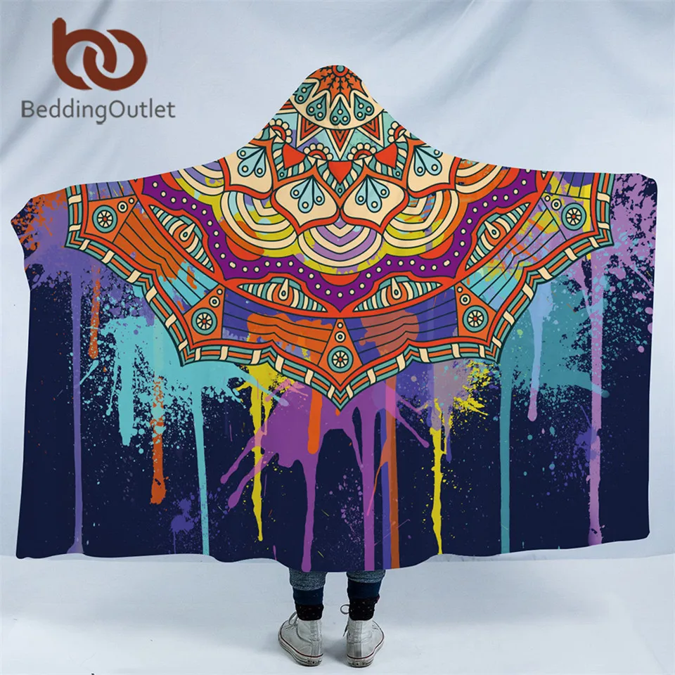 

BeddingOutlet Bohemian Hooded Blanket Watercolor Mandala Sherpa Fleece Microfiber Adults Boho Colorful Throw Blanket for Sofa