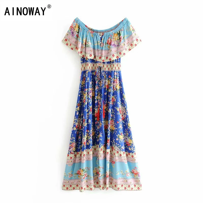 

Vintage chic Women rose floral print short sleeve Bohemian dress Ladies off shoulder tassel rayon Boho maxi dress vestidos