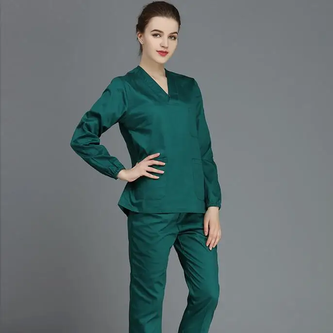 

Unisex Hospital Work Uniform Nurse Doctor Dental Clinic Surgery Cotton Clothes Medical Scrub Set V Neck Long Sleeve Top + Pants