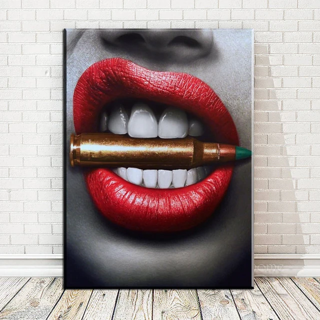 XX3432 Wall Art Prints Posters Sexy Red Lips Bite Bullet and Money