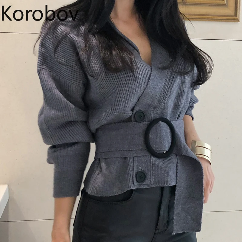

Korobov Sexy V-neck Full Sleeve Short Knitted Open Stitch Double Breasted Women Cardigans Elegant Female Sashes Sweater 78631