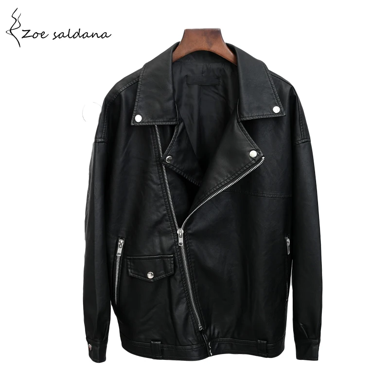

Zoe Saldana Boy Friends Style Zipper PU Leather Jacket Women Turn-down Collar Basic Jackets Ladies Loose Coat