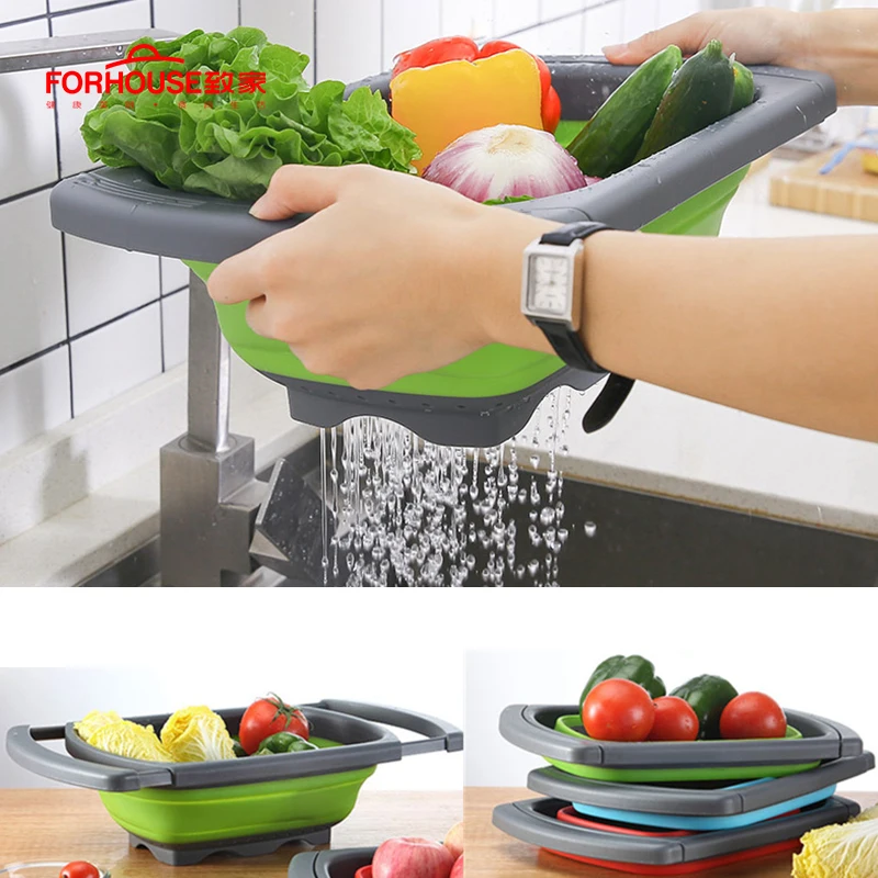 

Silicone Telescopic Folding Drain Basket Kitchen Accessories Vegtable&Fruit Colander Strainer With Extendable Handles