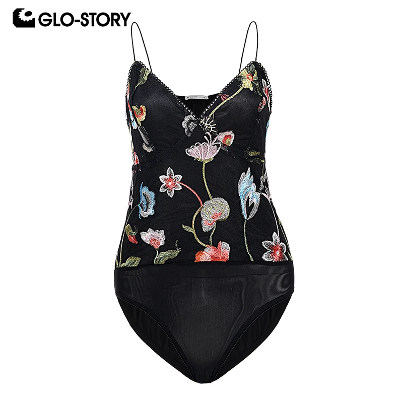 

GLO-STORY Women's Sexy Bodycon Summer Bodysuit Women 2018 Spaghetti Floral Embroidery Deep V-neck Mesh Body Femme Rompers 6373