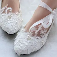 High Quality White/Red Lace Pearls Women Wedding Shoes With Ribbons Lace Up Ladies Party/Dress Shoes Pointed Toes Size EU34-40