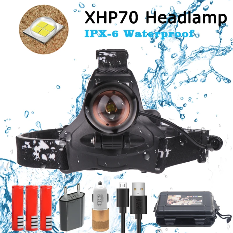 

6000LM XHP70 Led Headlamp Super Bright Headlight 3Modes Flashlight 18650 USB Charging Head Lamp Torch Hunting Cycling Headlamps