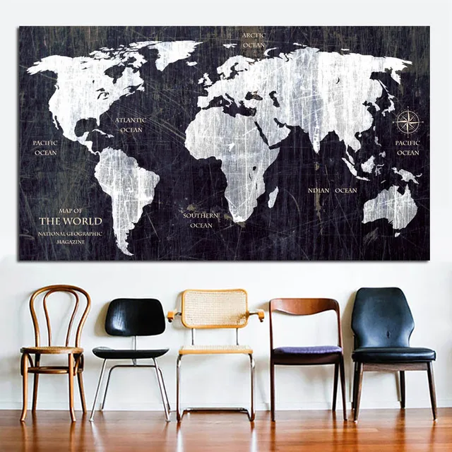 RELIABLI ART World Map Black and White Pictures Classic Style Canvas Paintings Modern Home Wall Decoration Posters Frameless map-Z