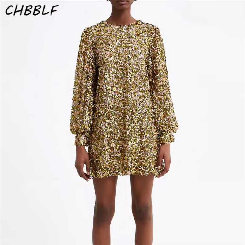 CHBBLF для женщин chic sexy Мини платье круглый вырез горловины с длинным рукавом