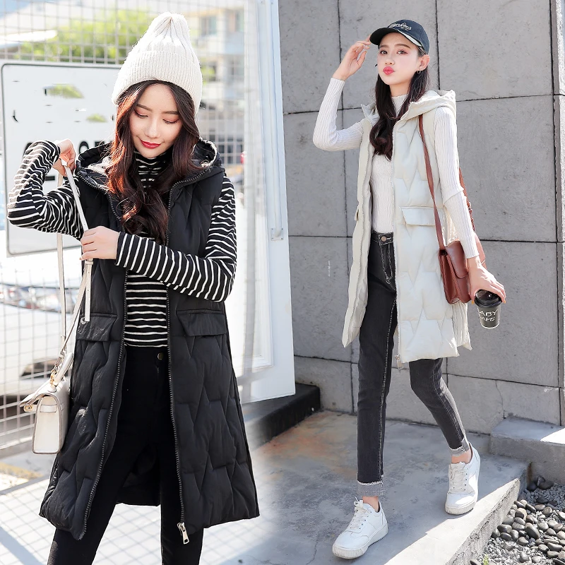 

Autumn Winter Vest Women Waistcoat Female Sleeveless Jacket hooded vest for women Long black Vest Jacket Size gilet femme 2019