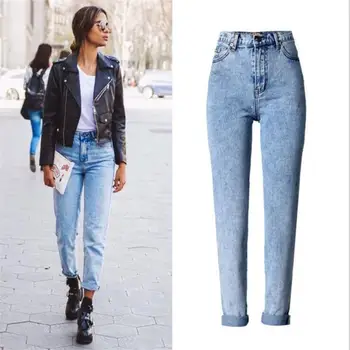 

SupSindy Woman jeans European style vintage blue straight high waist jeans Street style mom jeans for women pants denim trousers