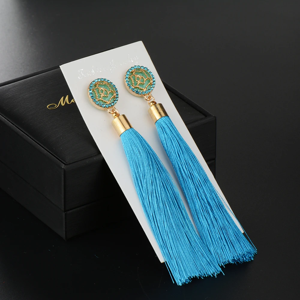 Meyfflin Rose Flower Silk Fabric Tassel Earrings for Women Bohemian Fringed Statement Drop Earring Jewelry Crystal Long brincos