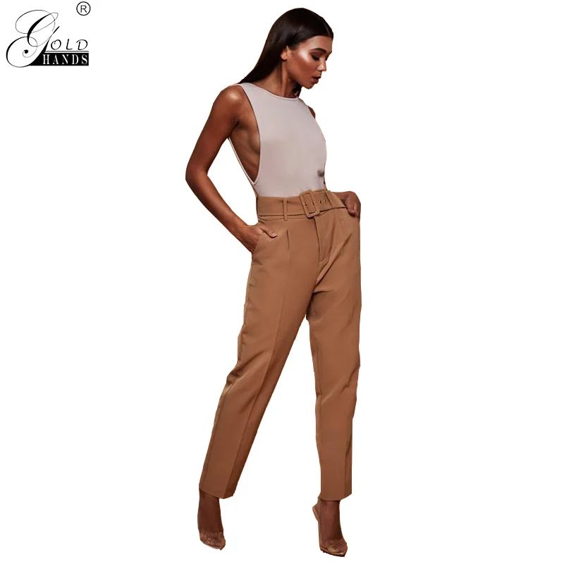 

Gold Hands Autumn Winter New Arrival Ankle-Length Streetwear Office Lady High Waist Casual Sashes Solid Straight Momen's Pants