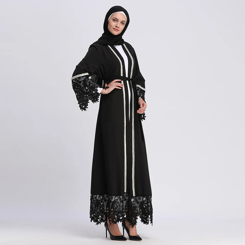 

2019 Lace Muslim Dress With Sashes Women Elegant Dubai Abaya Dresses Casual Long Sleeve Kaftan Maxi Dress Jubah Robe Clothing