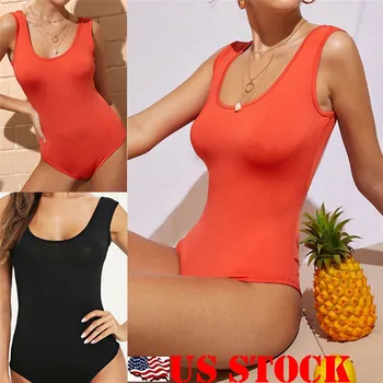 

Women Backless Muscle Sleeveless Bodysuit Summer Leotard Plain Stretch Jumpsuits
