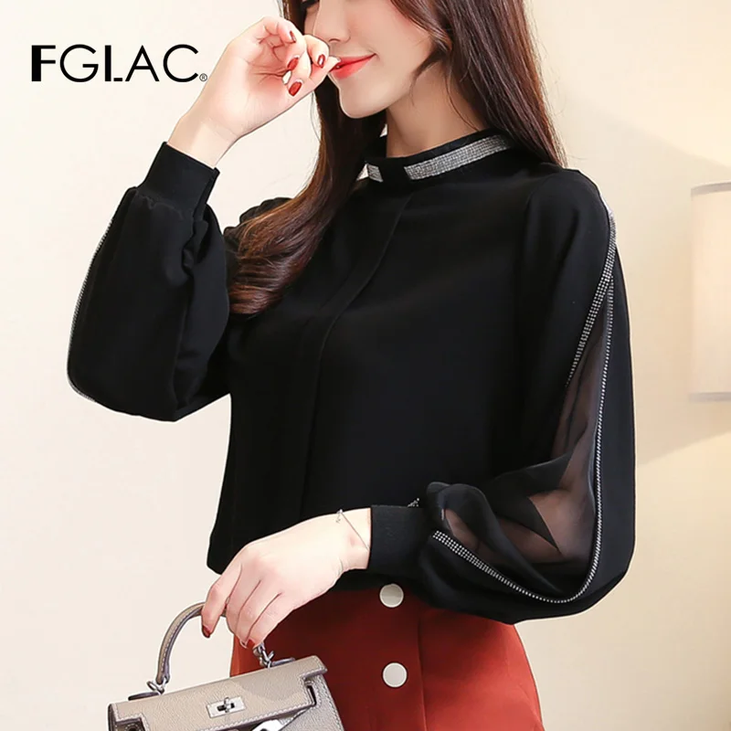  Women chiffon blouse New 2019 Fashion Casual Hollow out Chiffon shirt Elegant Slim Stand collar Wom