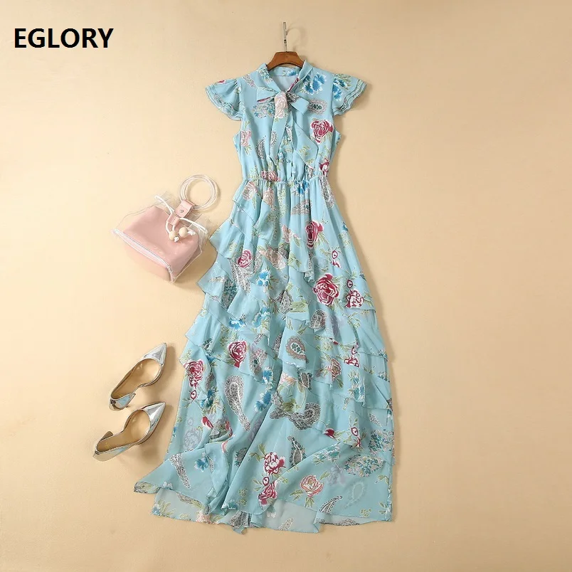 

Blue Long Dress 2019 Summer Runway Fashion Women Bow Collar Vintage Flower Print Cascading Ruffle Long Maxi Dress Bohemian Beach