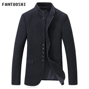

2019 New Autumn and winter Men's blazer Business Casual Stand Collar fashion Slim Solid color high quality coat Black size 4XL