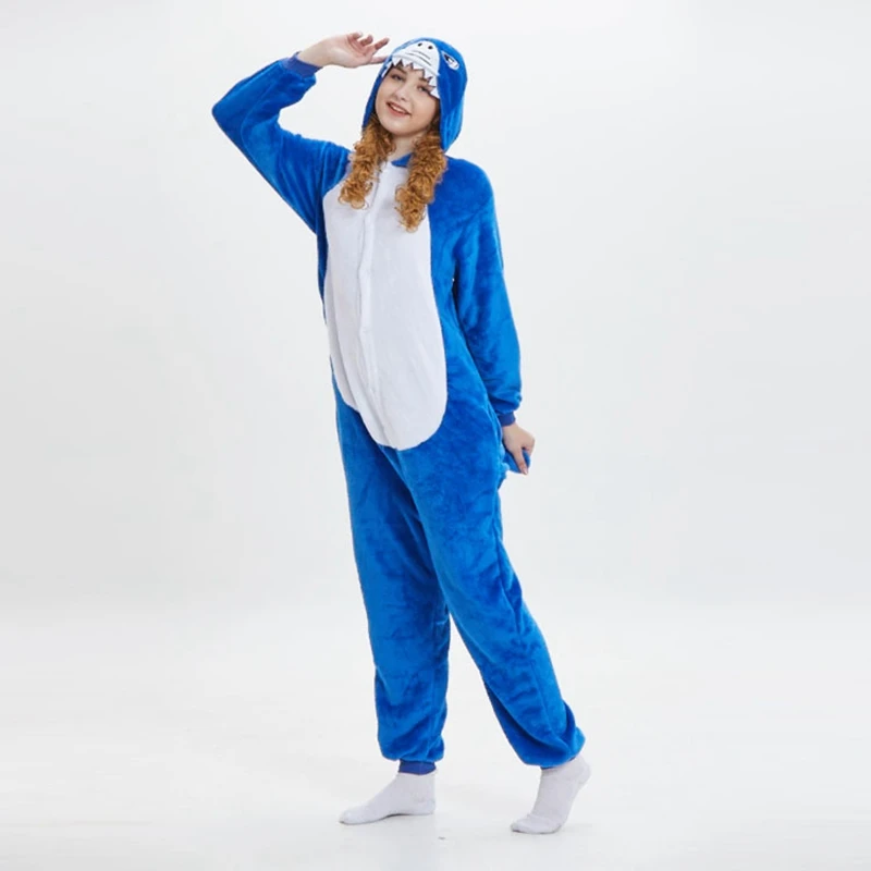 

JINUO Winter Flannel Blue Shark Onesie Pajamas Cartoon Animal Cosplay Pajamas Adult And Kids Onesie Party Halloween Pajamas