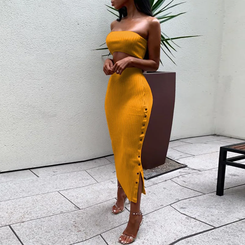 

White Off Shoulder Summer Dress Women 2019 Two Piece Knitted Buttons Split High Waist Party Club Bodycon Dress Vestidos
