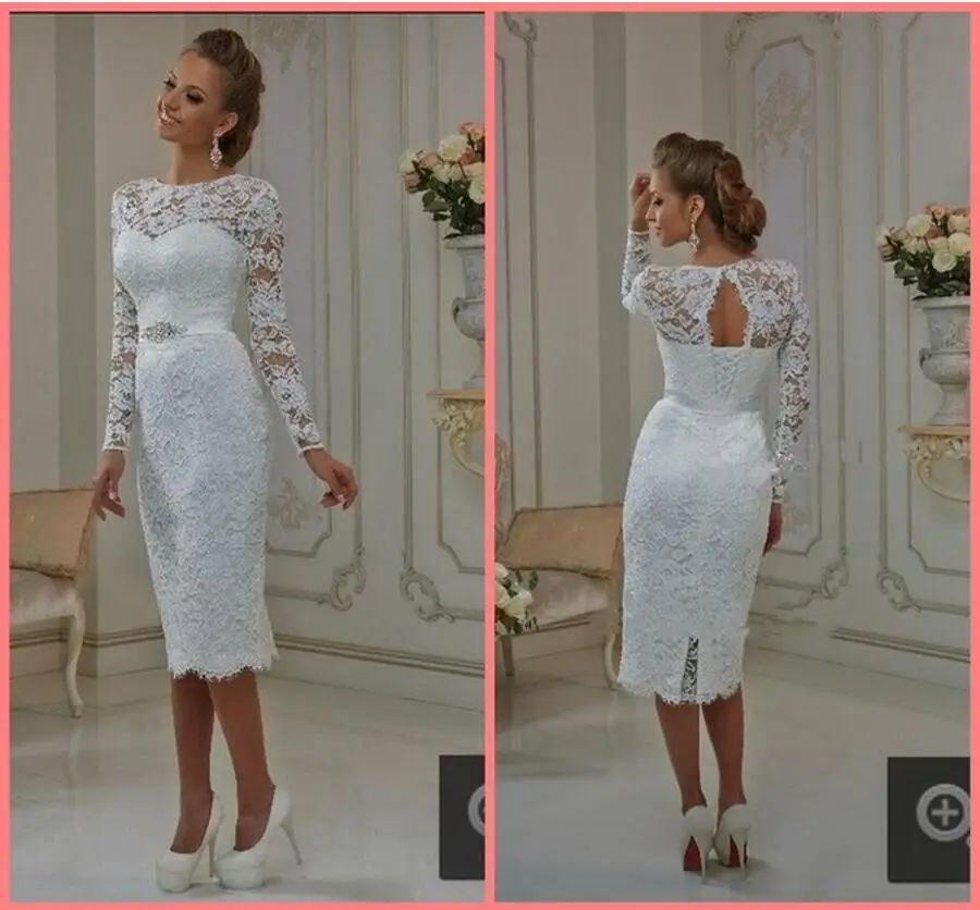 New Elegant White Ivory Lace Long Sleeve Tea Length Wedding Dresses With Belt 2016 Sheath Lace