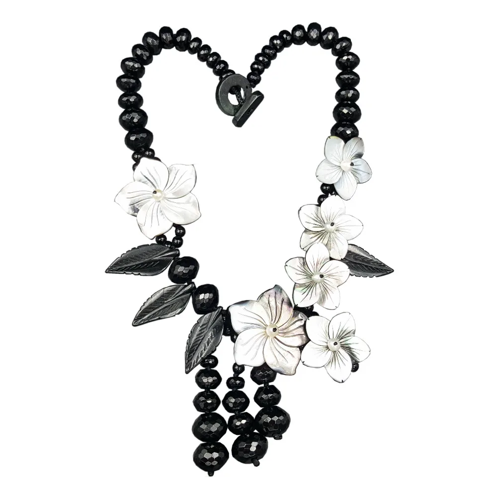 

Lii Ji Statement Necklace Tassels Black Agate Onyx Black Jade Freshwater Pearl Shell Flowers Handmade Party Women Necklace