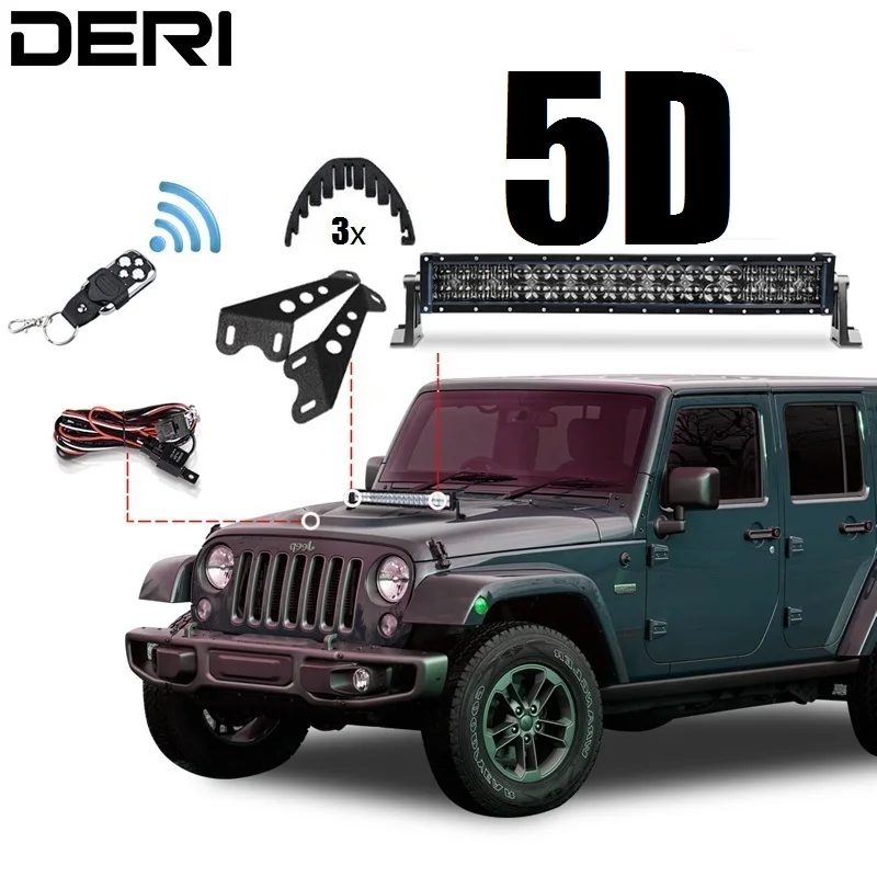 

5D 22in 120W Combo Offroad LED Light Bar + Wireless Remote Controller Hood Mount Bracket Isolator For Jeep Wrangler JK 07-17 Kit