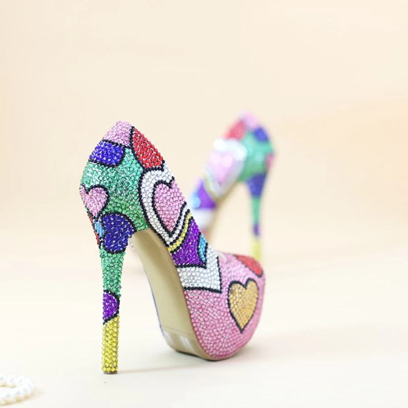 Fashion Handmade Colorful Rhinestone Wedding Shoes Banquet Evening Party Pumps Multicolor Crystal Bridal Shoes Heart Shape