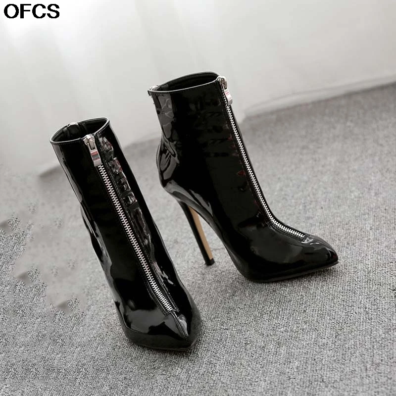 Новые модные женские ботинки из лакированной кожи на шпильке пикантные женские ботинки на тонком высоком каблуке с молнией спереди и сзади Размеры 35-40
