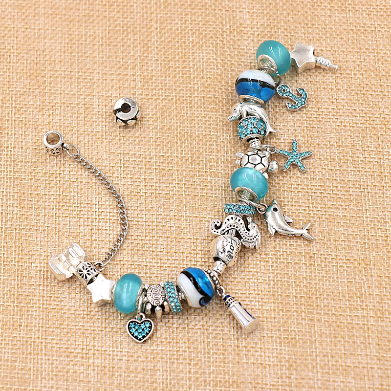 Dolphin Charm Bracelets Women Jewelry Gift Blue Murano Crystal Glass Diy Bead