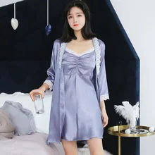 Летний женский пеньюар, халат, комплект, однотонное Шелковое кружево, полиэстер, спандекс, специальное предложение, сексуальная одежда для сна неглиже, большие размеры