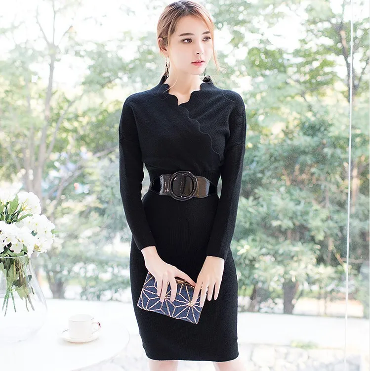 Женское трикотажное платье свитер с V образным вырезом и длинным рукавом|dress